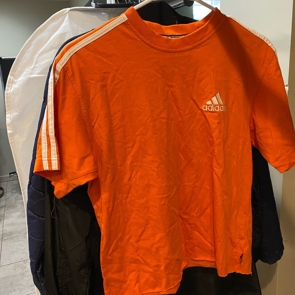 Adidas Orange Tee with White Stripes